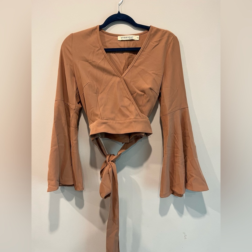 Vorkerry Brown Wrap Blouse with Flared Sleeves